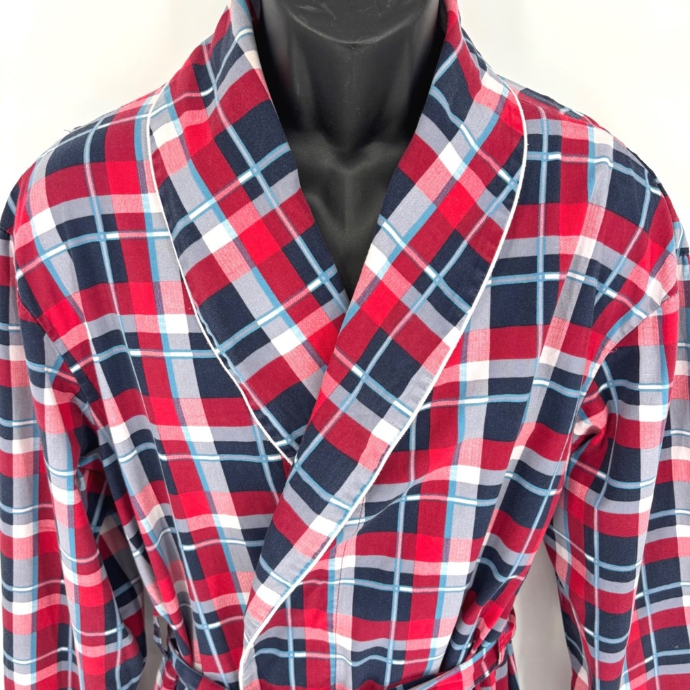 Alexander Del Rossa Mens Red Navy Plaid Cotton Shawl Collar Robe Size M